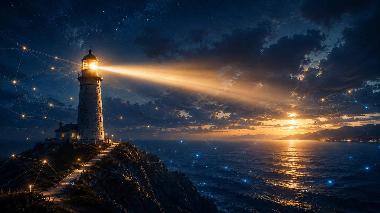 A lighthouse casts a golden beam across the sea beneath a network of connected points of light.