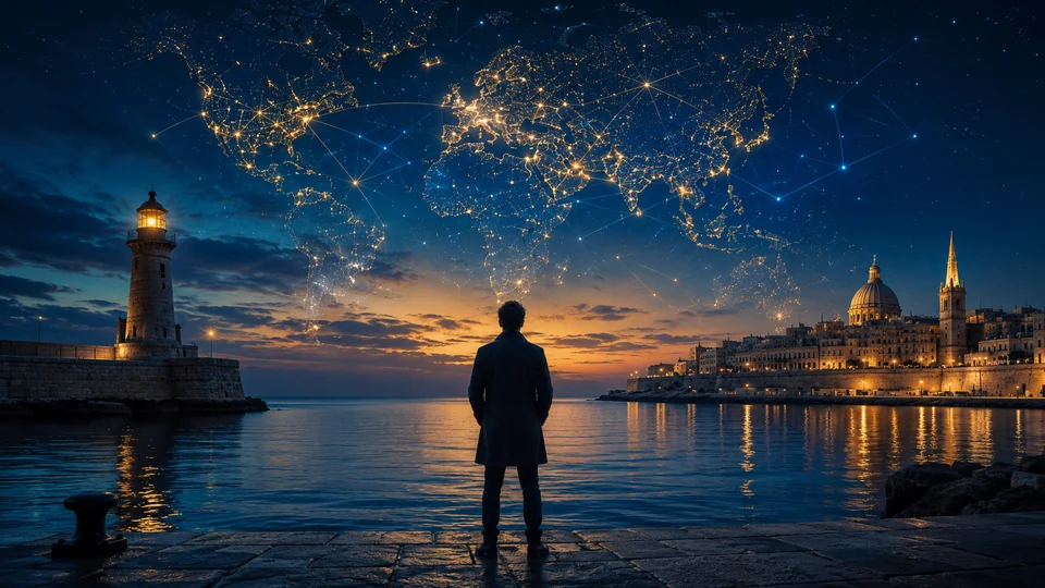 A person looks across the harbour towards an illuminated world map.