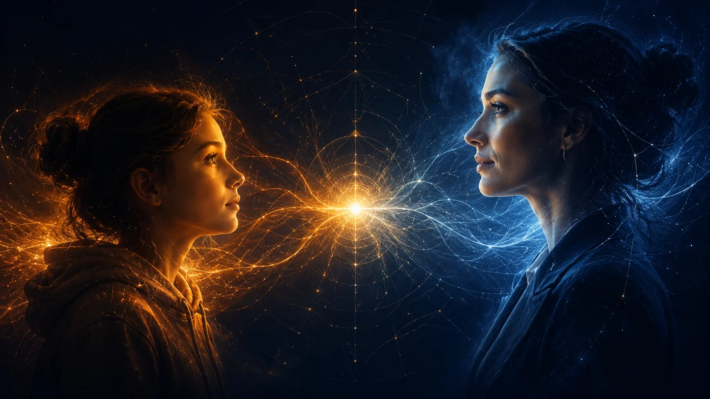 A younger and an older person face one another across a network of gold and blue light.