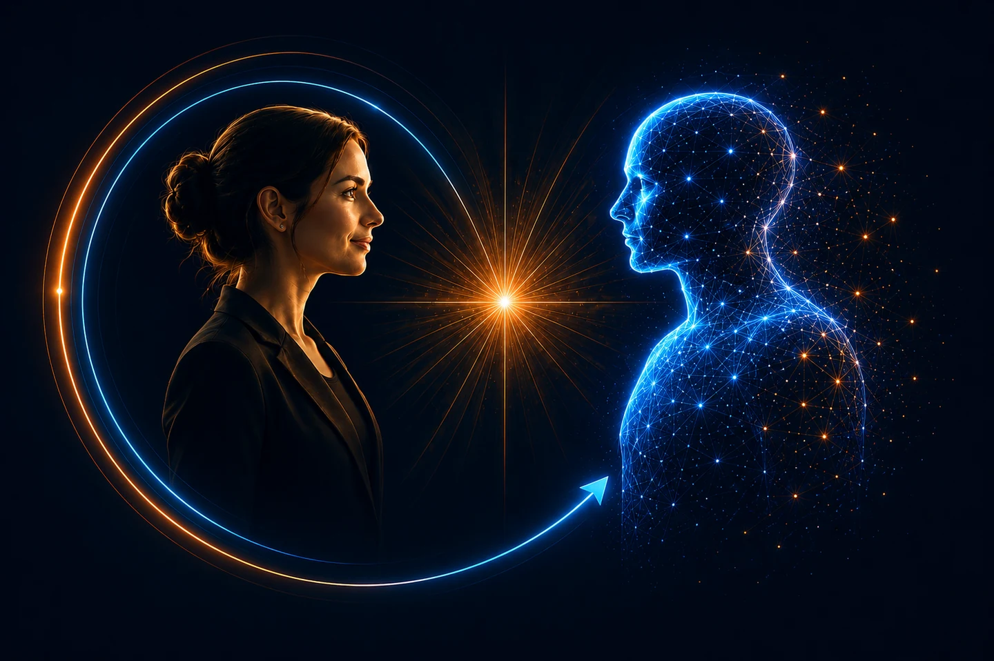A woman and a blue digital figure face one another, joined by a point of light and sweeping arcs.