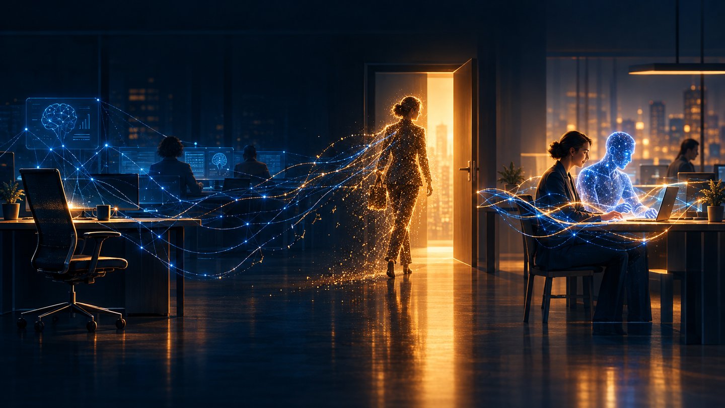 A night-time office: a figure of golden light walks out through a doorway, trailing threads of knowledge from an empty desk, while nearby a person works alongside a translucent blue AI form.