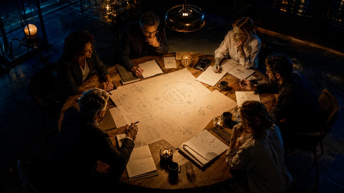 People around a round table examine a shared drawing and bring their perspectives together.