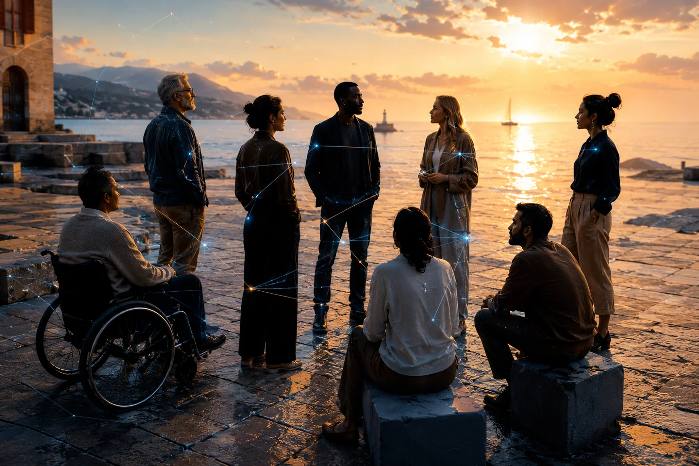 A group of people in conversation beside the sea, connected by fine lines of light.