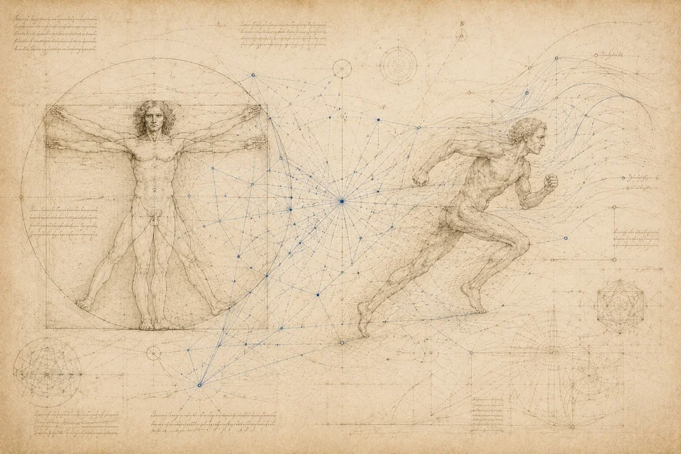 Leonardo-inspired studies of human proportion and movement connected by a fine network on parchment.